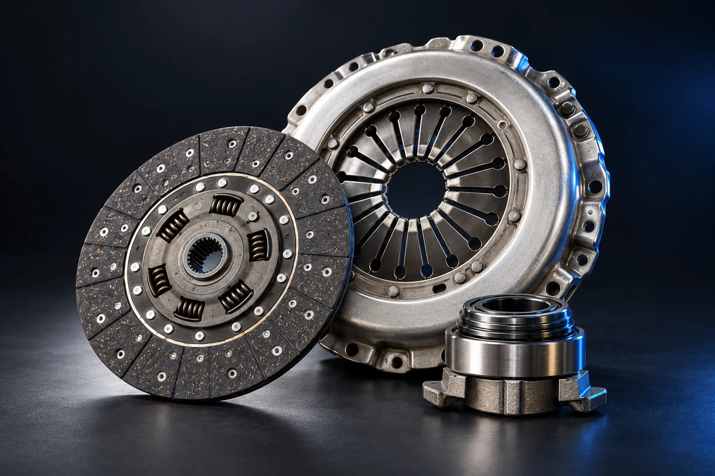 Editorial illustration of a clutch cover, disc and release bearing